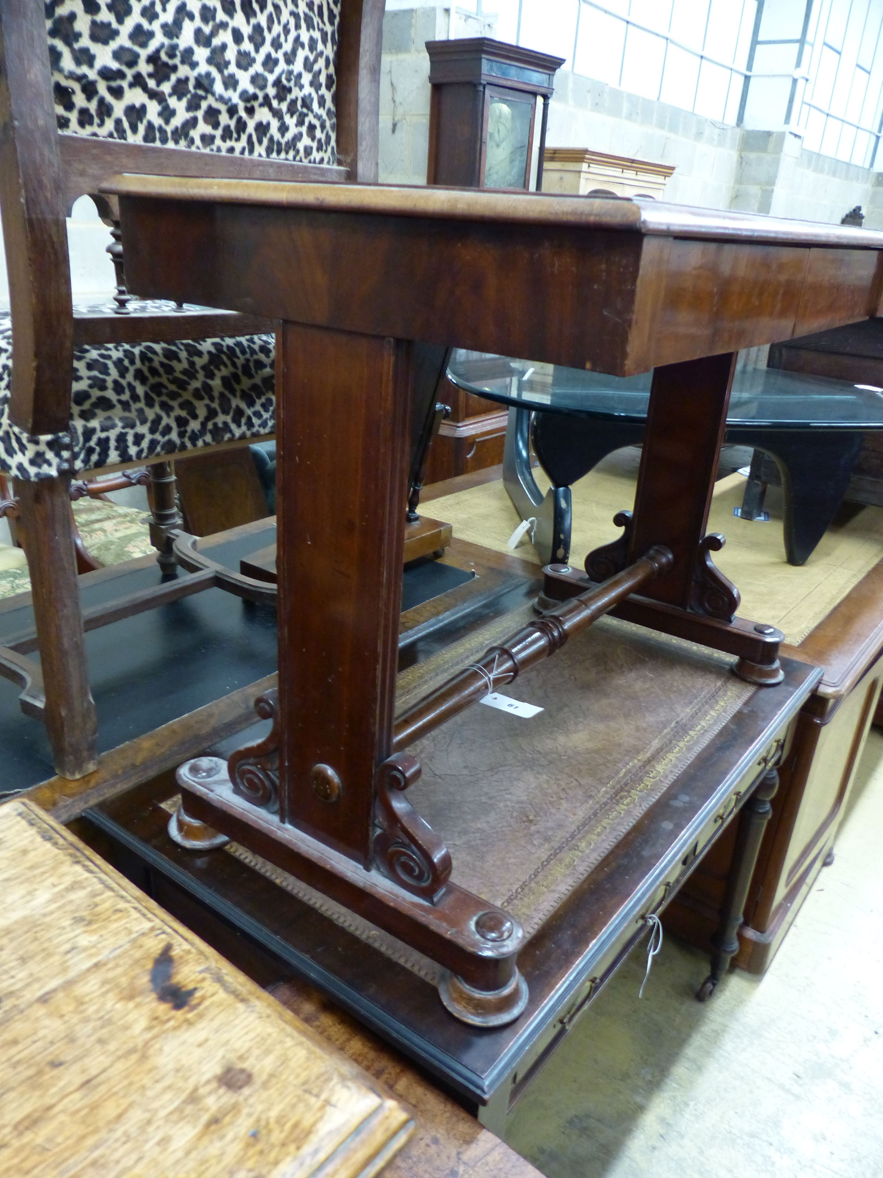 A Victorian mahogany writing table with two frieze drawers, width 92cm